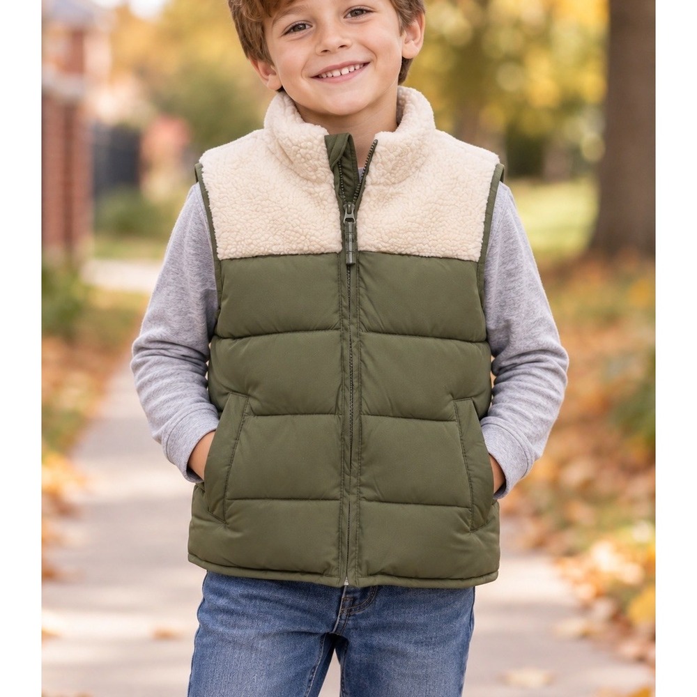 Cat & Jack Kids Green Sherpa Puffer Vest Size S 6/7 Colorblock Quilted Full Zip